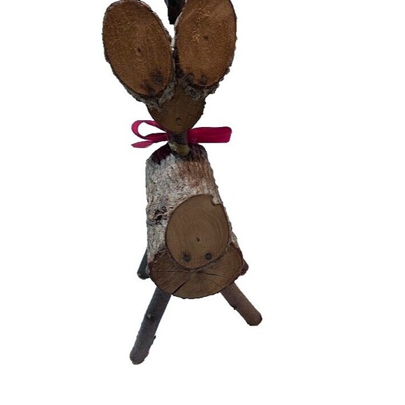 Rustic Wood Christmas Reindeer 12" Tabletop Decor Googly Eyes Red Nose Rudolph - Picture 3 of 6